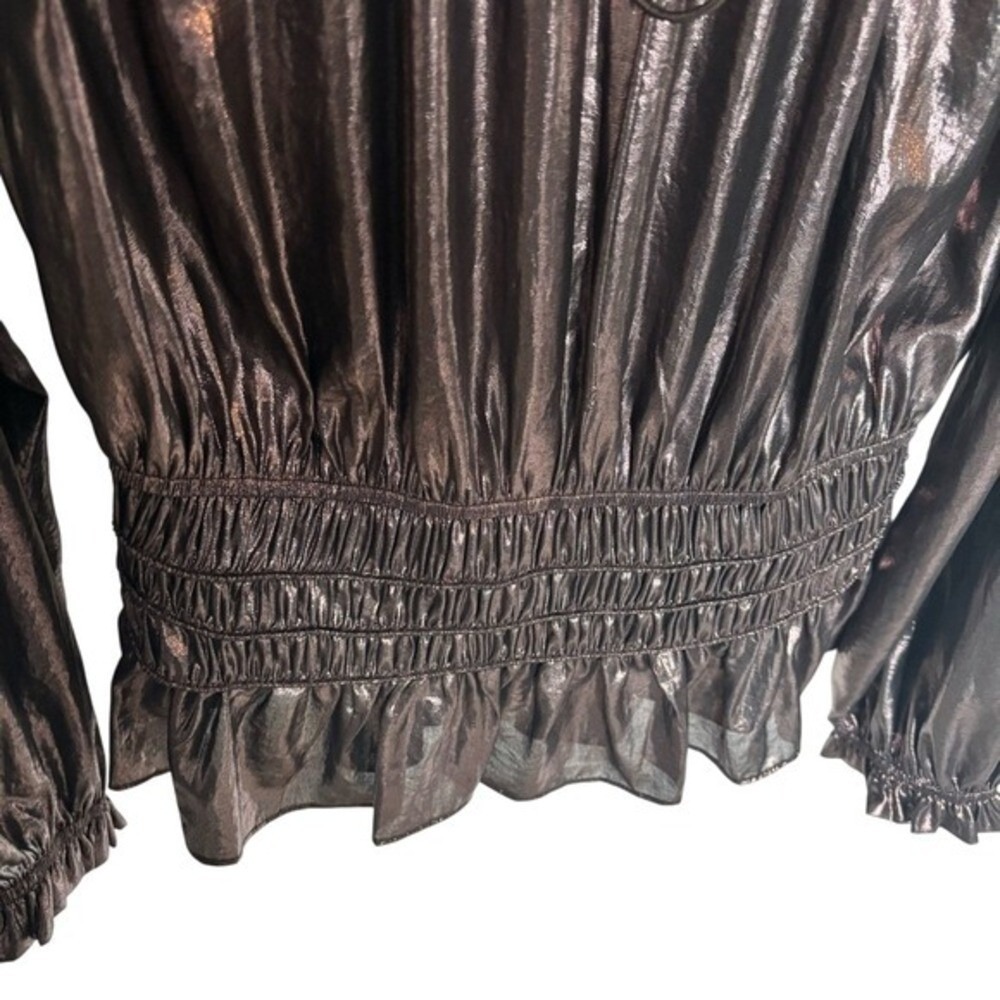 Anthropologie Current Air Metallic Peplum Blouse Rose Gold Long Sleeve Top M - Picture 3 of 8